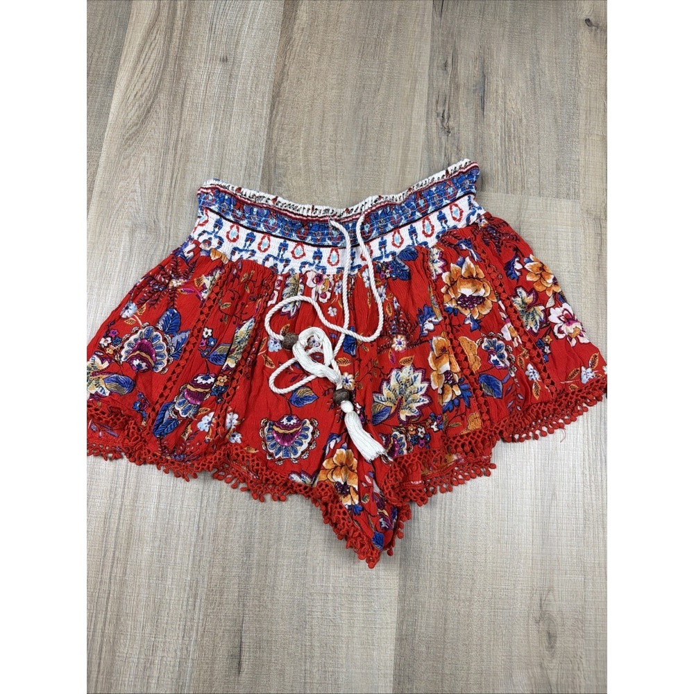Altar'd State Boho Shorts Women Large Red Floral Tassel Drawstring Smocked Waist